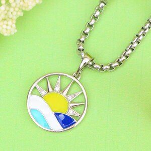 "Round Silver Pendant with Colorful Sun and Wave Enamel Design, XPPT1867